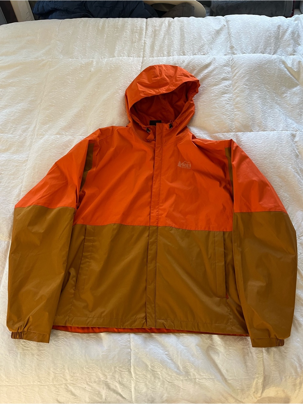 REI Orange and Brown Hooded Raincoat size medium